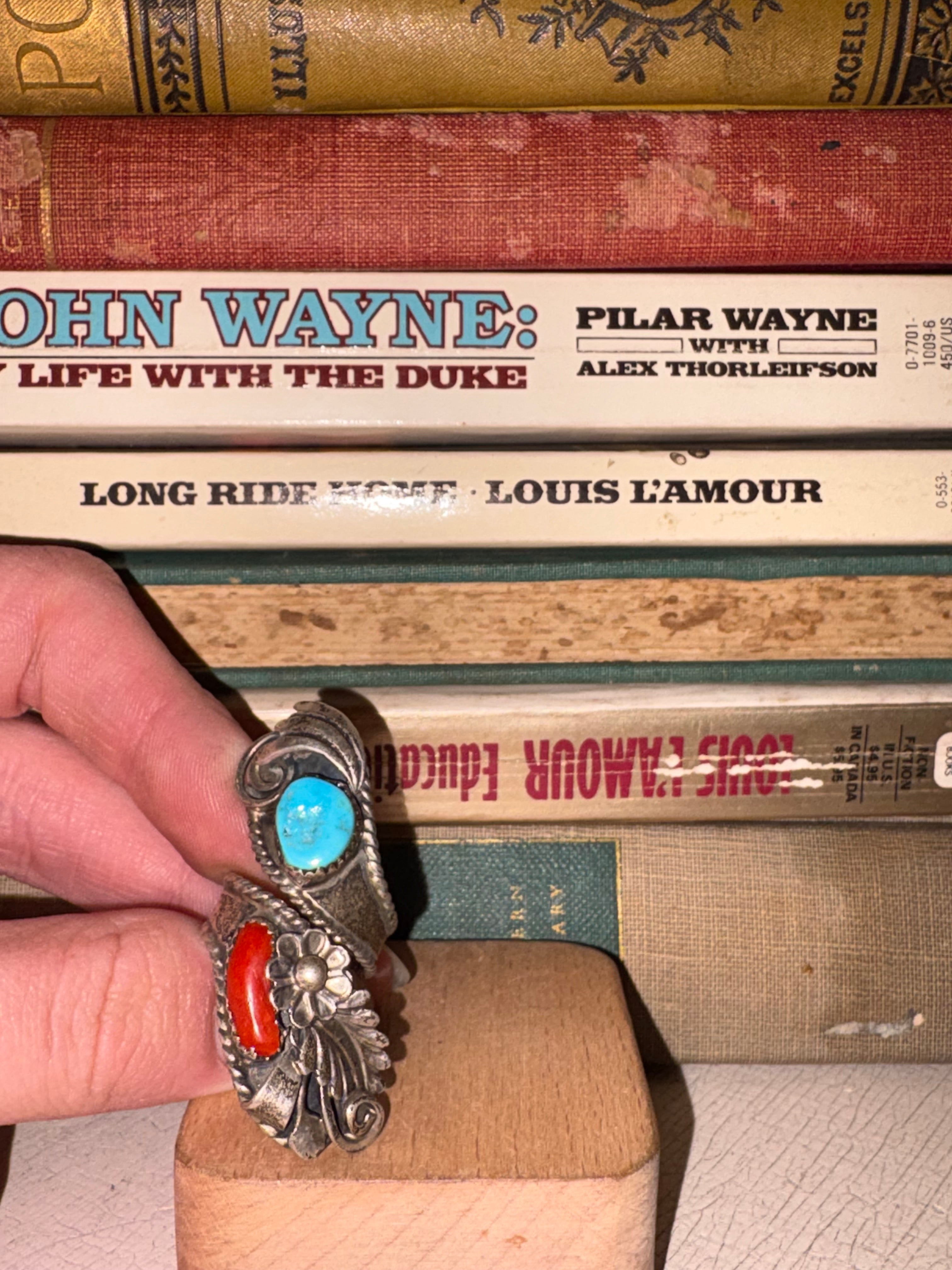 Vintage Navajo Coral & Turquoise Spoon Ring