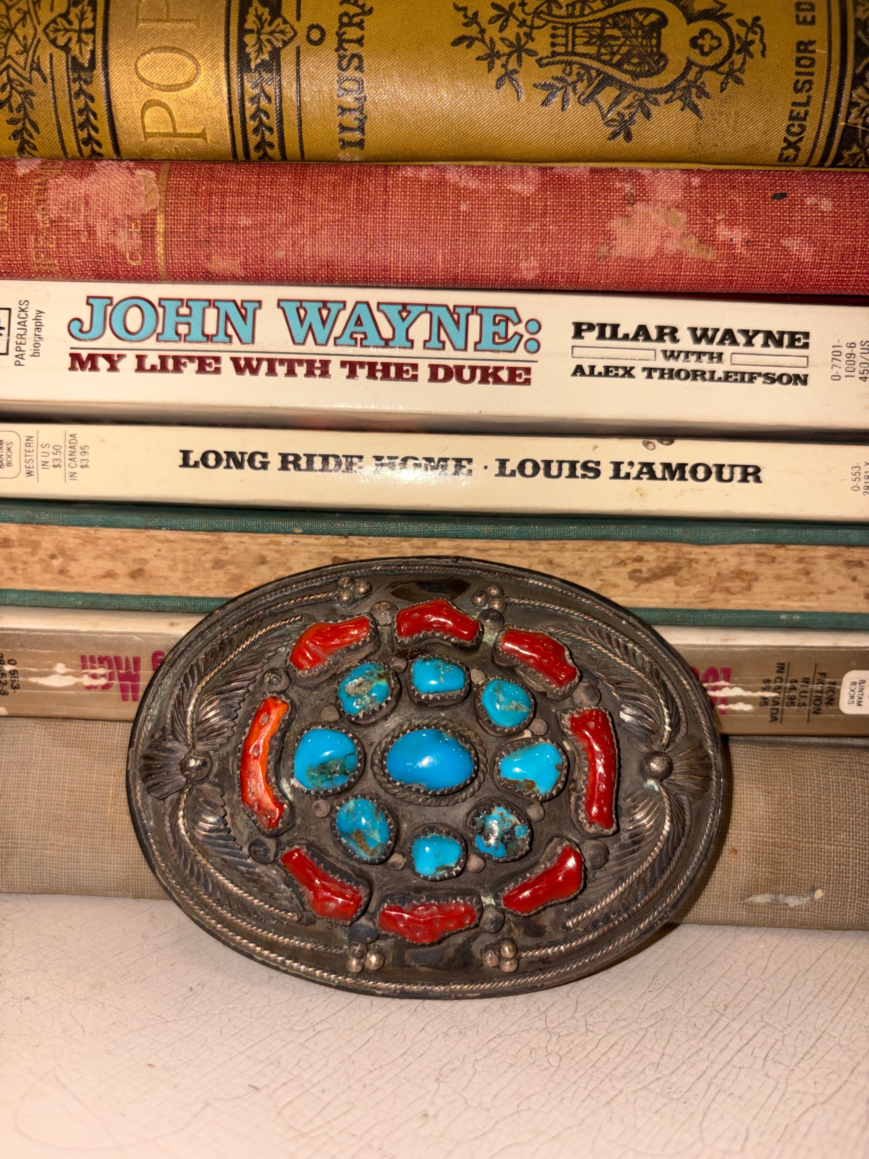 Vintage Navajo Coral & Turquoise Belt Buckle