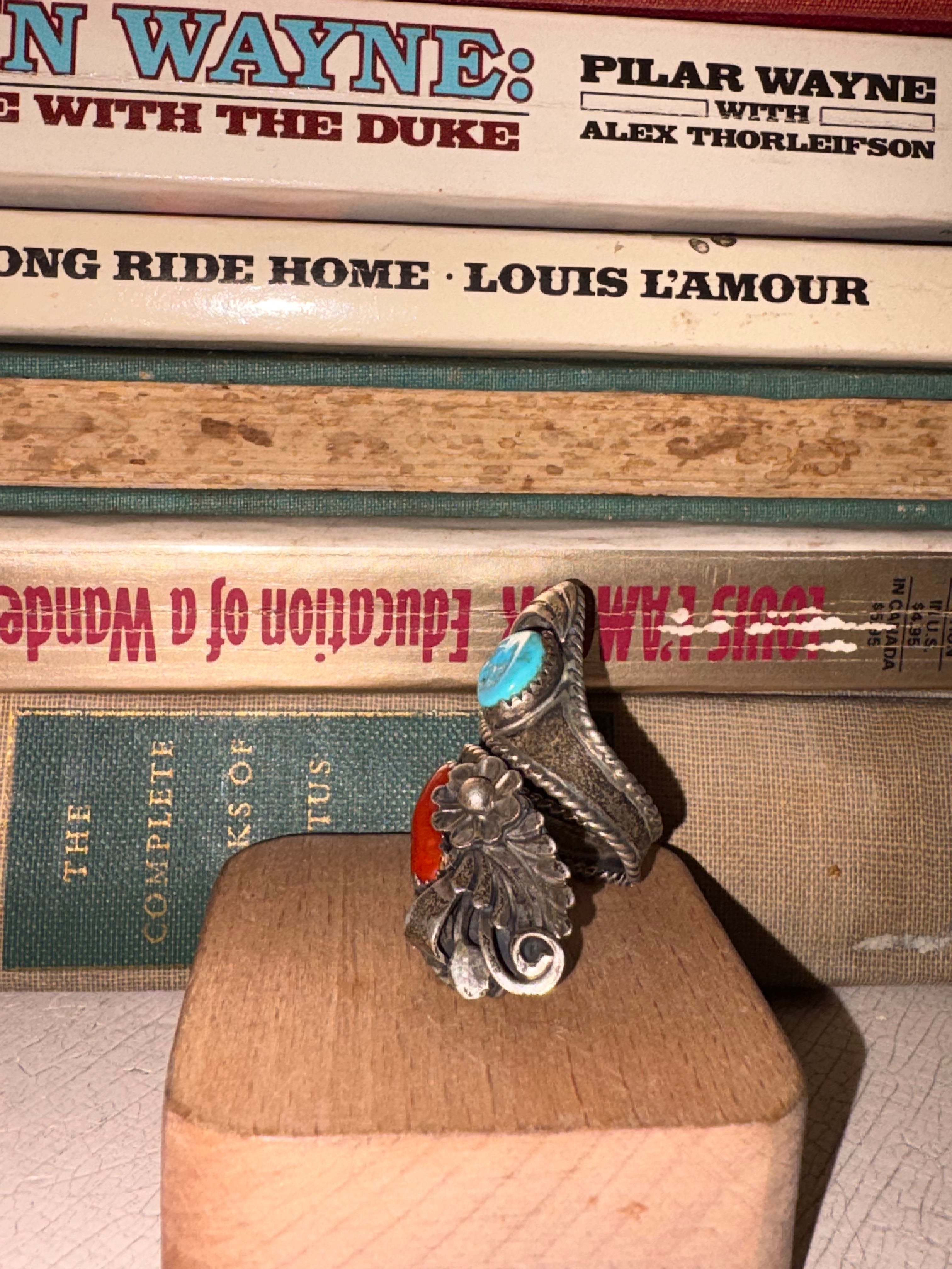 Vintage Navajo Coral & Turquoise Spoon Ring