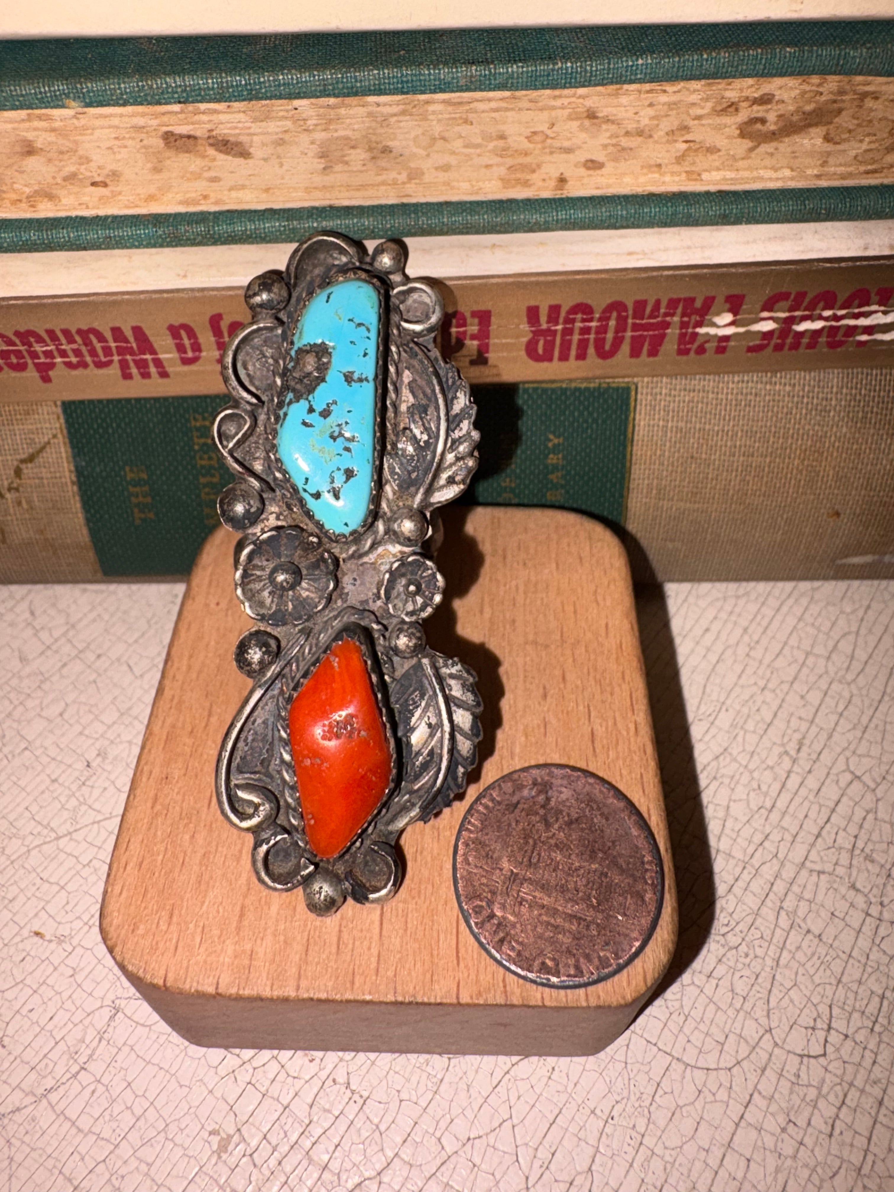 Vintage Navajo Coral & Turquoise Ring